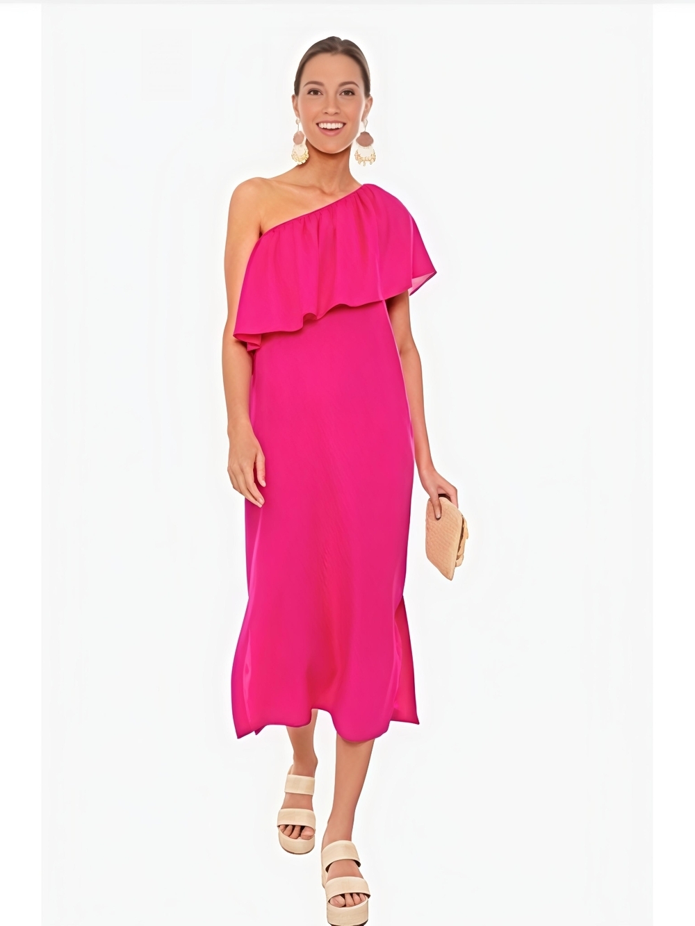 Pomander Place Florencia Fuchsia One-Shoulder Midi Dress | Side Slits Small